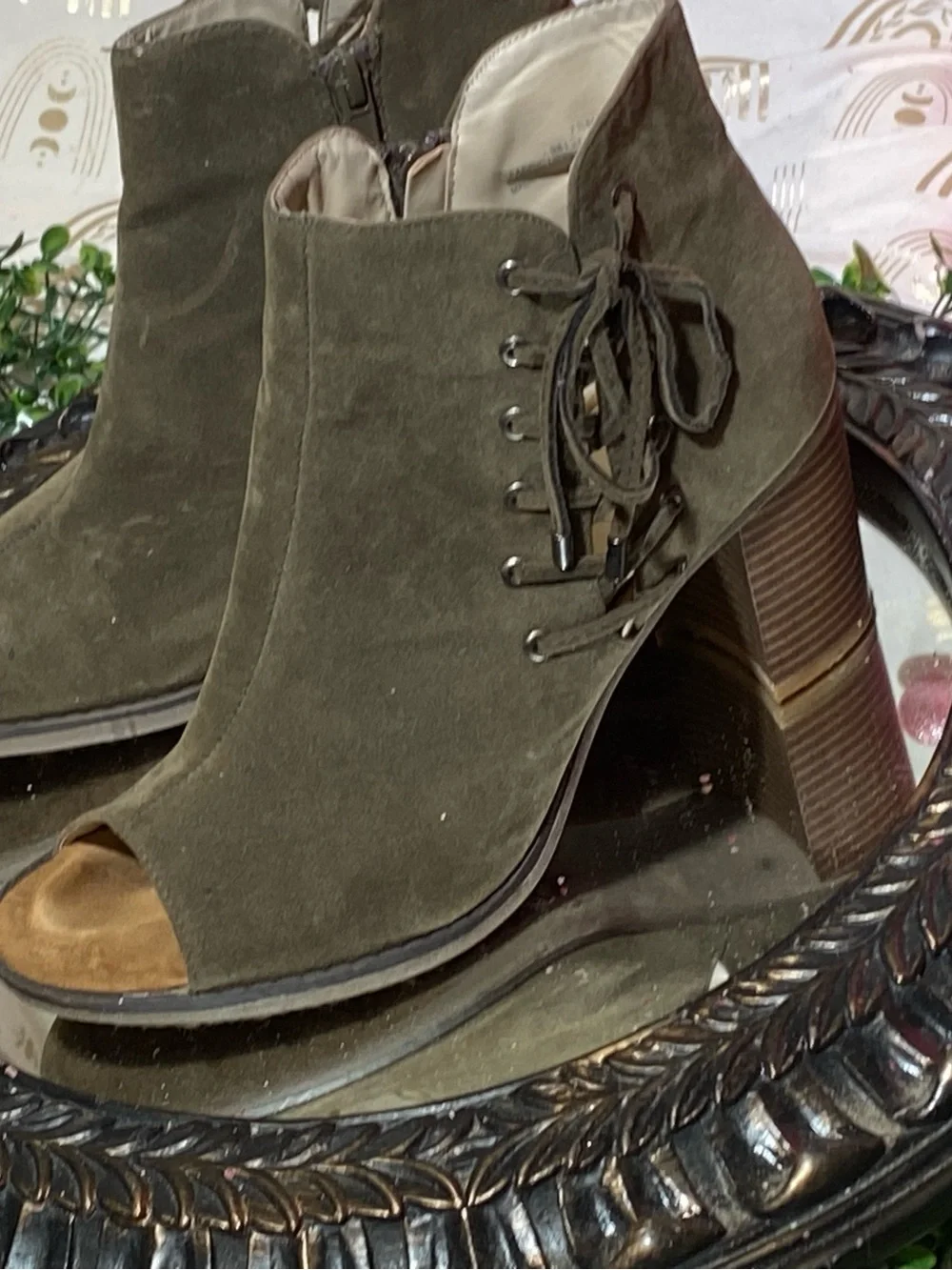 Maurices Olive Green Suede Peep-Toe Lace-Up Block Heel Booties